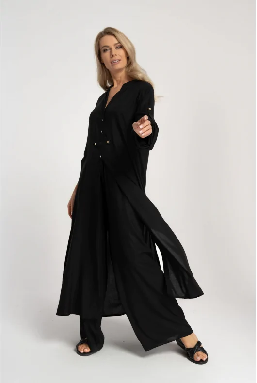 Długa cienka narzutka - czarna tunika z wiskozy na lato