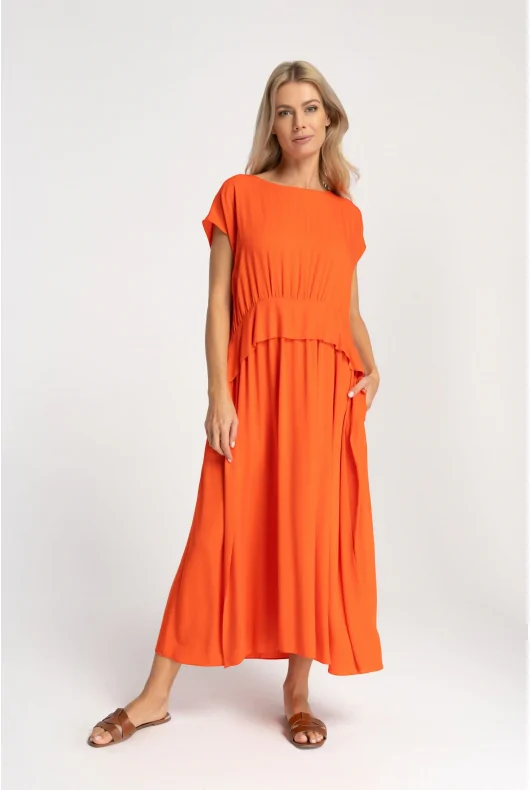 pomarańczowa sukienka MIDI z krótkim rękawem, wiązana w pasie