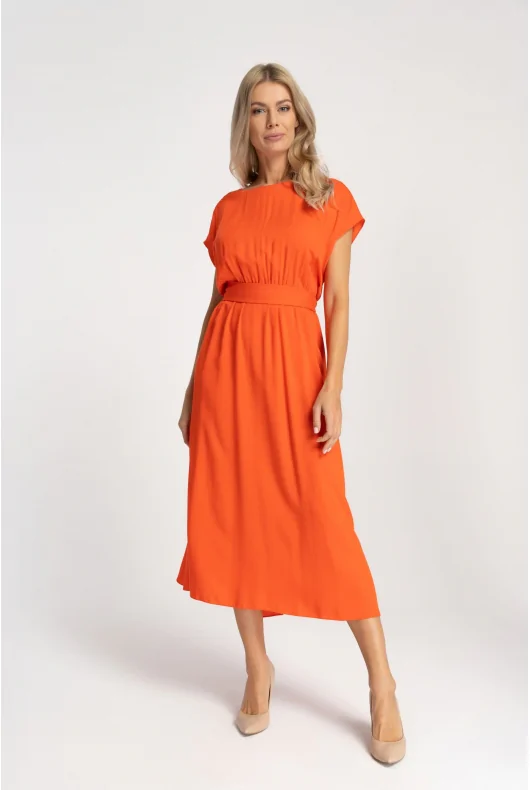 pomarańczowa sukienka MIDI z krótkim rękawem, wiązana w pasie