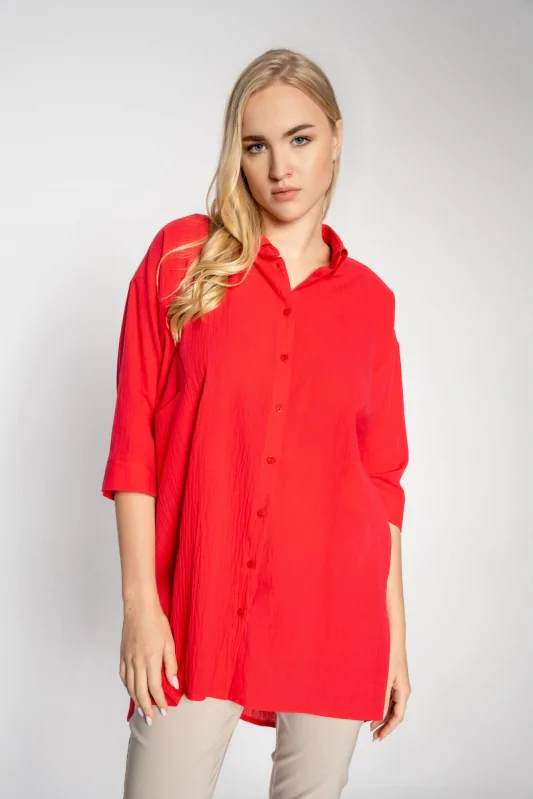 bawełniana, oversizowa koszula damska w kolorze czerwonym