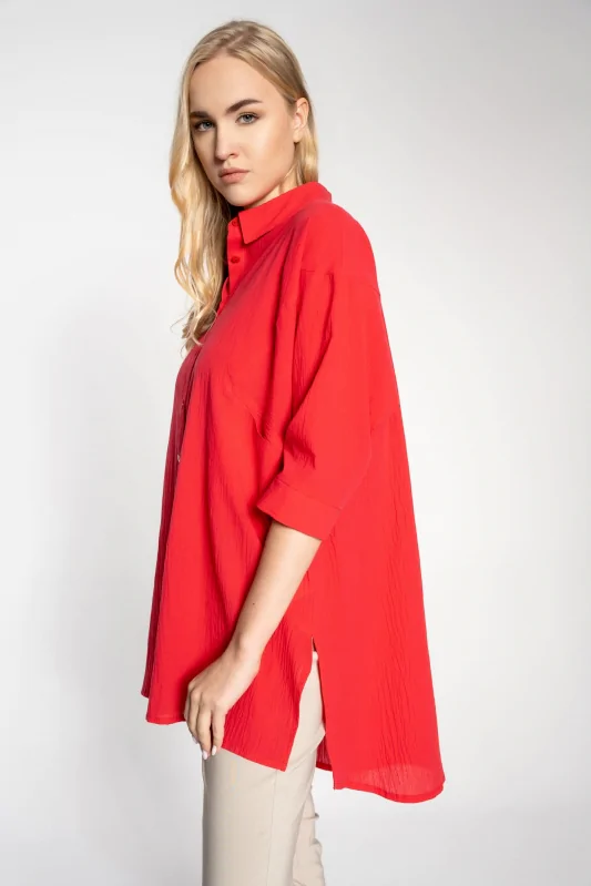 bawełniana, oversizowa koszula damska w kolorze czerwonym