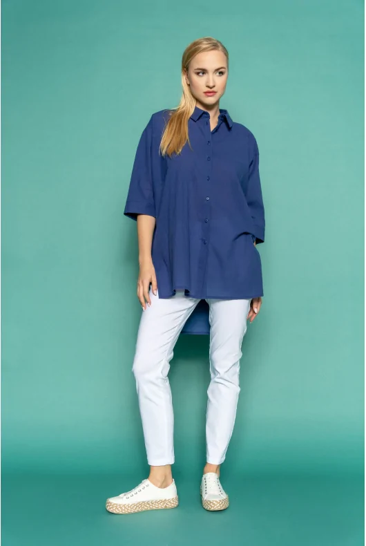 bawełniana, oversizowa koszula damska w kolorze niebieskim