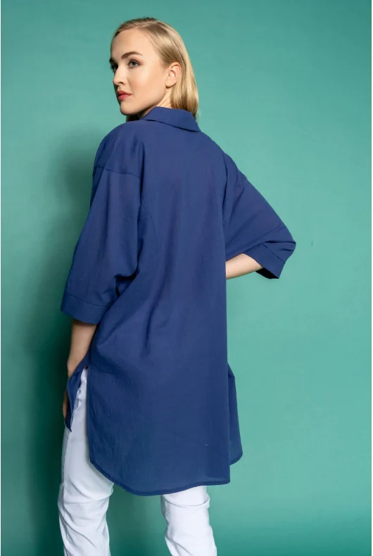 bawełniana, oversizowa koszula damska w kolorze niebieskim