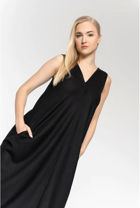 długa sukienka maxi z lnem bez rękawów w kolorze czarnym