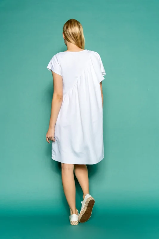 biała sukienka MINI z lnu z asymetryczną falbaną