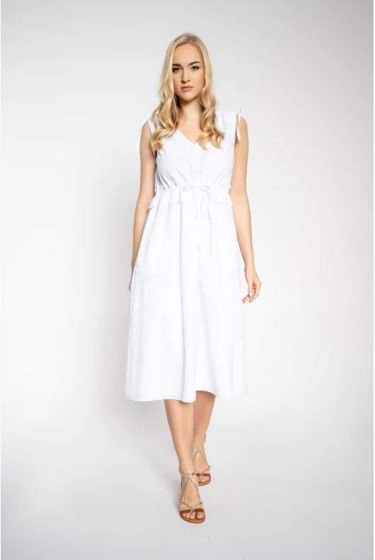 biała bawełniana sukienka MIDI z haftem