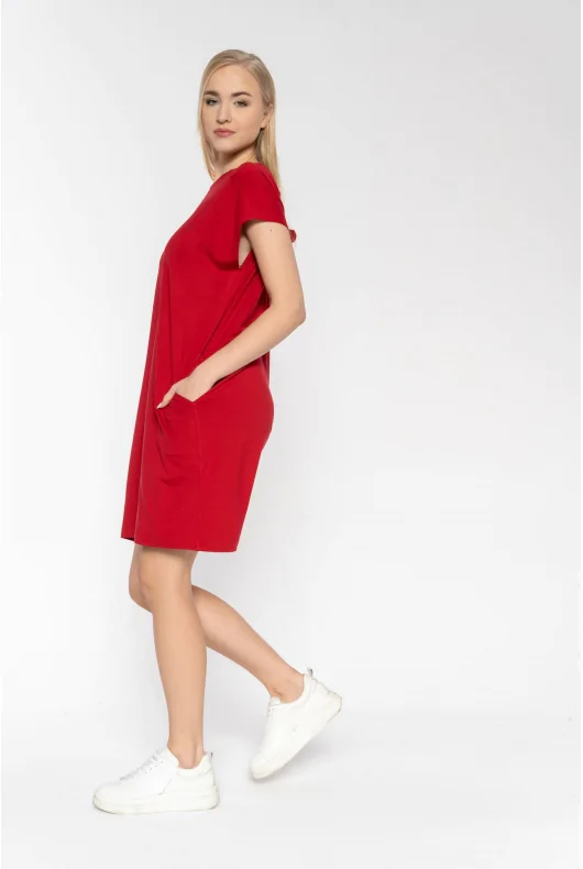 czerwona sukienka MINI z wiskozy, z wiązaniem na plecach