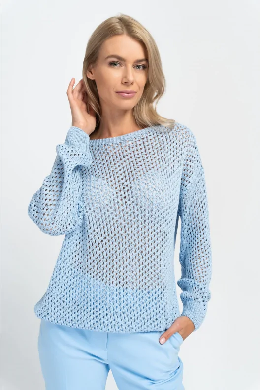 Ażurowy damski sweter błękitny
