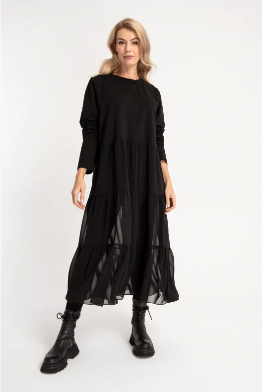 Długa czarna tunika z szyfonową spódnicą