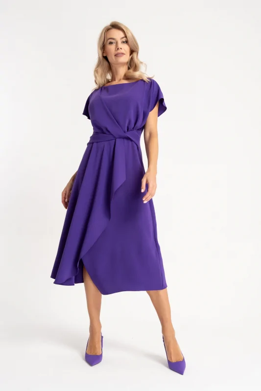 wizytowa sukienka MIDI z zakładką w kolorze fioletowym