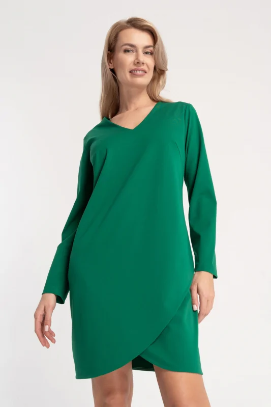 zielona sukienka z długim rękawem i zakładką kopertową z elastycznej dzianiny